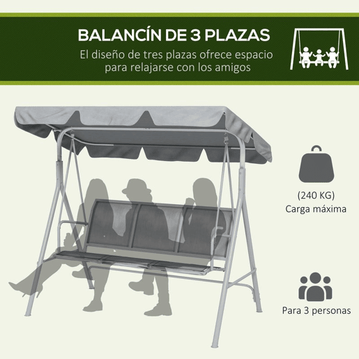 Outsunny Baloiço de Jardim Exterior de 3 Lugares com Toldo Ajustável, Encosto Respirável e Estrutura Metálica para Terraço e Varanda, Suporta até 240 kg, 171x108x154 cm, Cinzento