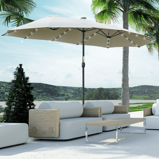 Outsunny Chapéu de Sol Duplo com 48 Luzes LED, 4,5x2,7 m, Guarda-sol para Exterior com Manivela Manual, Resistente à Água e Proteção Solar, Ideal para Jardim, Terraço, Pátio e Piscina, Cinzento Claro