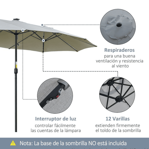 Outsunny Chapéu de Sol Duplo com 48 Luzes LED, 4,5x2,7 m, Guarda-sol para Exterior com Manivela Manual, Resistente à Água e Proteção Solar, Ideal para Jardim, Terraço, Pátio e Piscina, Cinzento Claro