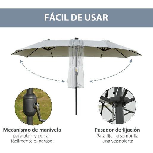 Outsunny Chapéu de Sol Duplo com 48 Luzes LED, 4,5x2,7 m, Guarda-sol para Exterior com Manivela Manual, Resistente à Água e Proteção Solar, Ideal para Jardim, Terraço, Pátio e Piscina, Cinzento Claro