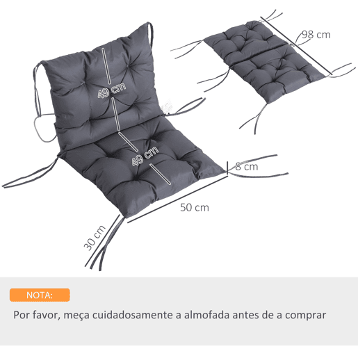 Outsunny Conjunto de 2 Almofadas de Cadeira 50x98x8 cm Almofadas de Cadeira de Exterior com Encosto 6 Cordões de Fixação para Jardim Terraço Varanda Cinza Escuro