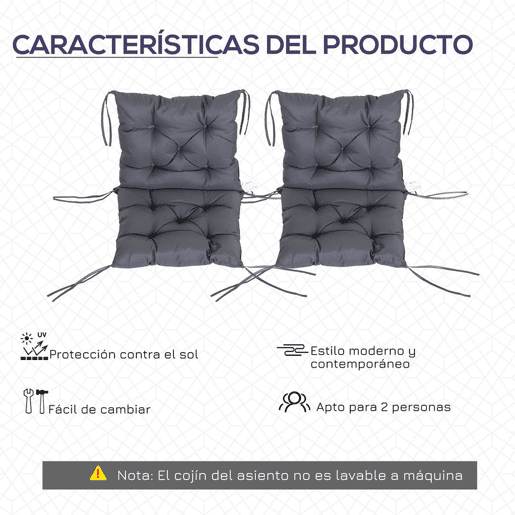 Outsunny Conjunto de 2 Almofadas de Cadeira 50x98x8 cm Almofadas de Cadeira de Exterior com Encosto 6 Cordões de Fixação para Jardim Terraço Varanda Cinza Escuro