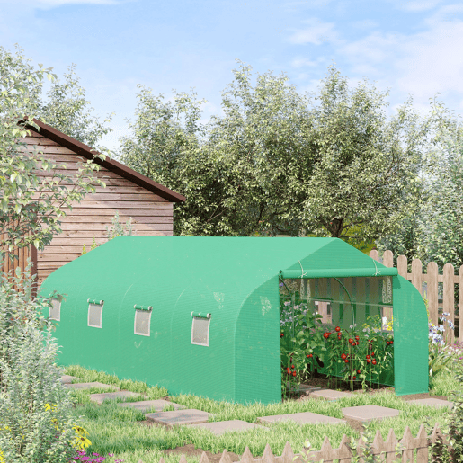 Outsunny Estufa Tipo Túnel de Jardim 600x300x200cm para Cultivo de Plantas Verduras com 8 Janelas e Porta Enroláveis com Zíper Aço Verde