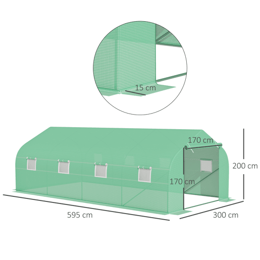 Outsunny Estufa Tipo Túnel de Jardim 600x300x200cm para Cultivo de Plantas Verduras com 8 Janelas e Porta Enroláveis com Zíper Aço Verde