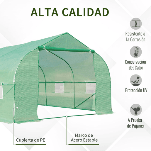 Outsunny Estufa Tipo Túnel de Jardim 600x300x200cm para Cultivo de Plantas Verduras com 8 Janelas e Porta Enroláveis com Zíper Aço Verde