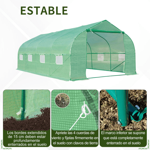 Outsunny Estufa Tipo Túnel de Jardim 600x300x200cm para Cultivo de Plantas Verduras com 8 Janelas e Porta Enroláveis com Zíper Aço Verde