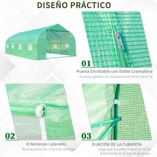 Outsunny Estufa Tipo Túnel de Jardim 600x300x200cm para Cultivo de Plantas Verduras com 8 Janelas e Porta Enroláveis com Zíper Aço Verde