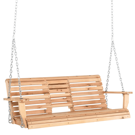 Outsunny Banco Baloiço de 2-3 Lugares Banco Suspenso de Madeira com Mesa de Centro Dobrável 2 Porta-copos e Apoios de Braço Capacidade 200 kg para Jardim Terraço 150x75x53 cm Natural