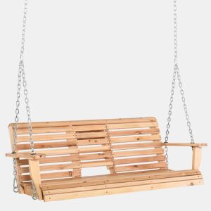 Outsunny Banco Baloiço de 2-3 Lugares Banco Suspenso de Madeira com Mesa de Centro Dobrável 2 Porta-copos e Apoios de Braço Capacidade 200 kg para Jardim Terraço 150x75x53 cm Natural