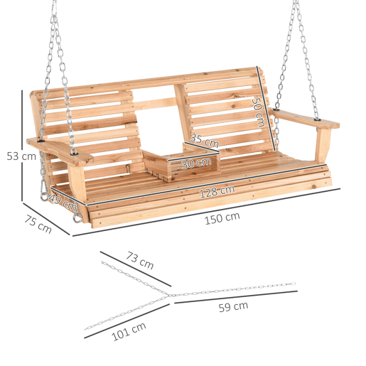 Outsunny Banco Baloiço de 2-3 Lugares Banco Suspenso de Madeira com Mesa de Centro Dobrável 2 Porta-copos e Apoios de Braço Capacidade 200 kg para Jardim Terraço 150x75x53 cm Natural