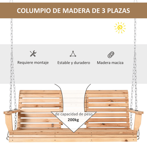 Outsunny Banco Baloiço de 2-3 Lugares Banco Suspenso de Madeira com Mesa de Centro Dobrável 2 Porta-copos e Apoios de Braço Capacidade 200 kg para Jardim Terraço 150x75x53 cm Natural