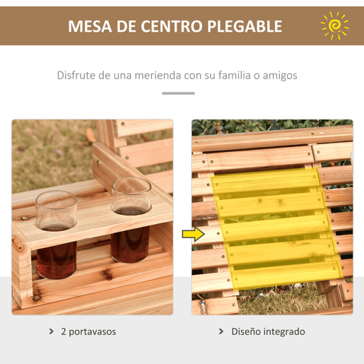 Outsunny Banco Baloiço de 2-3 Lugares Banco Suspenso de Madeira com Mesa de Centro Dobrável 2 Porta-copos e Apoios de Braço Capacidade 200 kg para Jardim Terraço 150x75x53 cm Natural