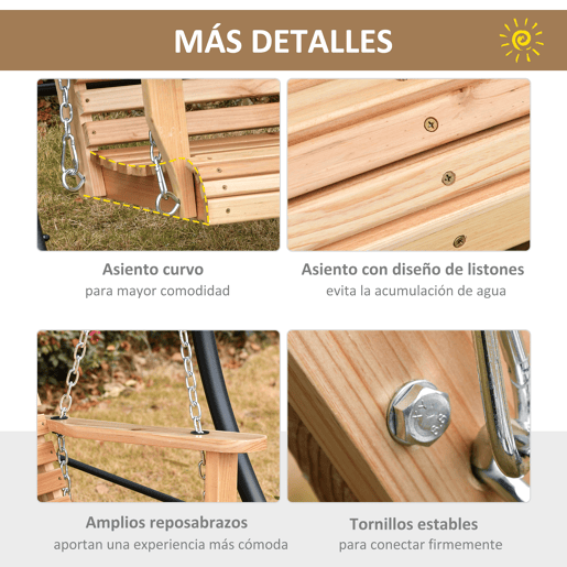 Outsunny Banco Baloiço de 2-3 Lugares Banco Suspenso de Madeira com Mesa de Centro Dobrável 2 Porta-copos e Apoios de Braço Capacidade 200 kg para Jardim Terraço 150x75x53 cm Natural