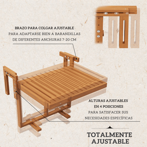 Outsunny Mesa Suspensa para Varanda Mesa de Varanda Dobrável em Madeira com Altura Ajustável em 4 Níveis Capacidade 20 kg para Terraço 68x65x40,5-55 cm Natural