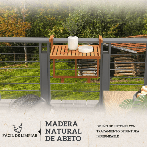 Outsunny Mesa Suspensa para Varanda Mesa de Varanda Dobrável em Madeira com Altura Ajustável em 4 Níveis Capacidade 20 kg para Terraço 68x65x40,5-55 cm Natural