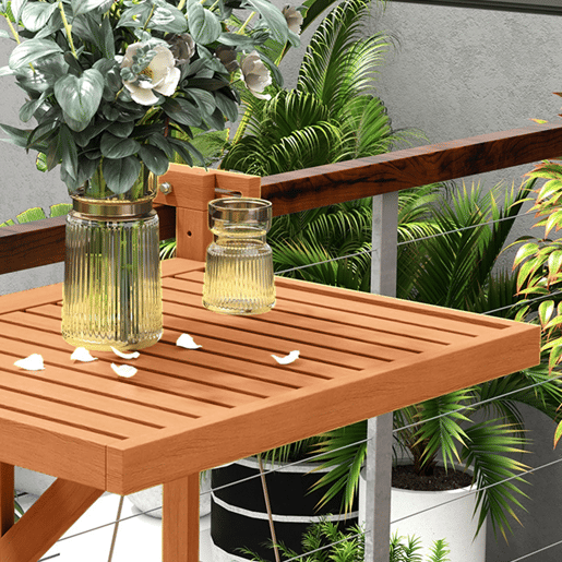 Outsunny Mesa Suspensa para Varanda Mesa de Varanda Dobrável em Madeira com Altura Ajustável em 4 Níveis Capacidade 20 kg para Terraço 68x65x40,5-55 cm Natural
