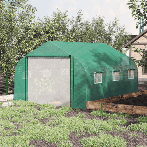 Outsunny Estufa de Túnel 3,5x3x2m Estufa de Jardim com Porta e 6 Janelas Enroláveis de Polietileno Metal Galvanizado para Cultivos de Plantas Flores Verde