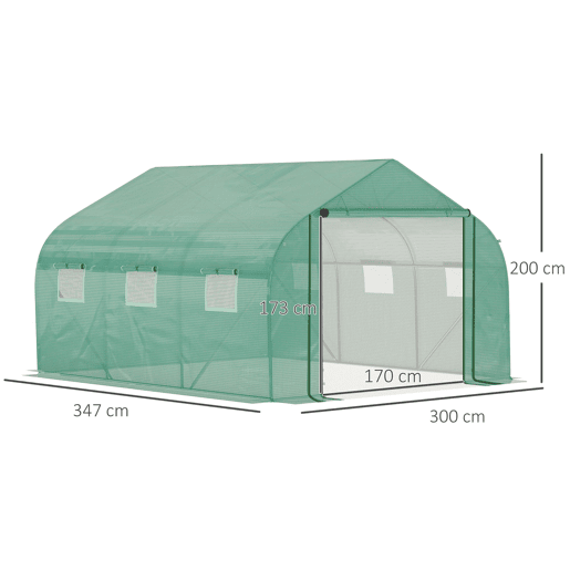 Outsunny Estufa de Túnel 3,5x3x2m Estufa de Jardim com Porta e 6 Janelas Enroláveis de Polietileno Metal Galvanizado para Cultivos de Plantas Flores Verde