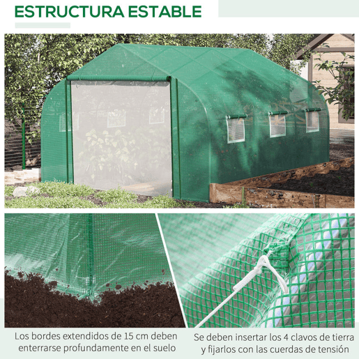 Outsunny Estufa de Túnel 3,5x3x2m Estufa de Jardim com Porta e 6 Janelas Enroláveis de Polietileno Metal Galvanizado para Cultivos de Plantas Flores Verde