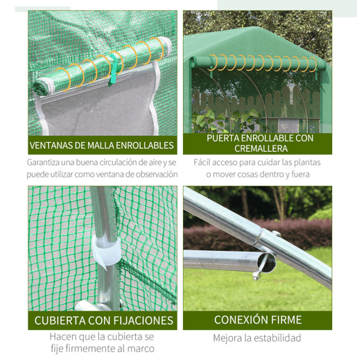 Outsunny Estufa de Túnel 3,5x3x2m Estufa de Jardim com Porta e 6 Janelas Enroláveis de Polietileno Metal Galvanizado para Cultivos de Plantas Flores Verde