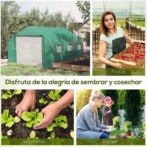 Outsunny Estufa de Túnel 3,5x3x2m Estufa de Jardim com Porta e 6 Janelas Enroláveis de Polietileno Metal Galvanizado para Cultivos de Plantas Flores Verde