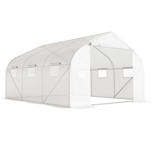 Outsunny Estufa Tipo Túnel 445x299x200cm com Porta Enrolável 6 Janelas Estufa para Cultivo de Plantas Verduras Branco