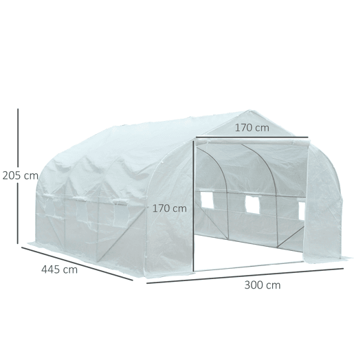 Outsunny Estufa Tipo Túnel 445x299x200cm com Porta Enrolável 6 Janelas Estufa para Cultivo de Plantas Verduras Branco