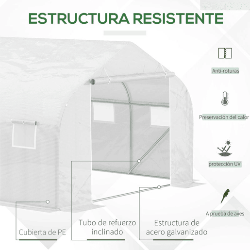 Outsunny Estufa Tipo Túnel 445x299x200cm com Porta Enrolável 6 Janelas Estufa para Cultivo de Plantas Verduras Branco