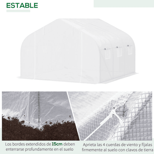 Outsunny Estufa Tipo Túnel 445x299x200cm com Porta Enrolável 6 Janelas Estufa para Cultivo de Plantas Verduras Branco