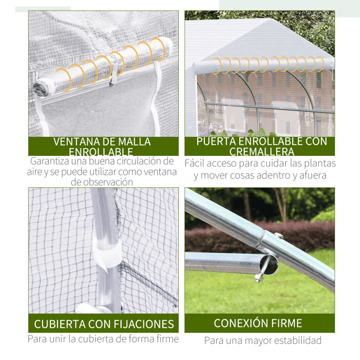Outsunny Estufa Tipo Túnel 445x299x200cm com Porta Enrolável 6 Janelas Estufa para Cultivo de Plantas Verduras Branco