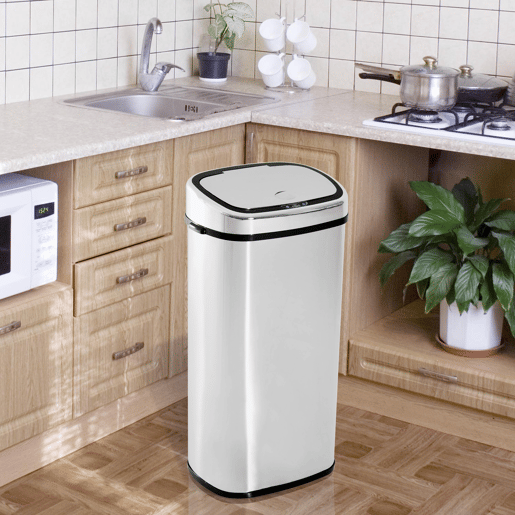 HOMCOM Balde de Lixo Inteligente de Aço Inoxidável 68L com Sensor Infravermelho de Abertura Automática e Contato Manual para Cozinha Dormitório Casa de banho 40,5x29,578cm Prata