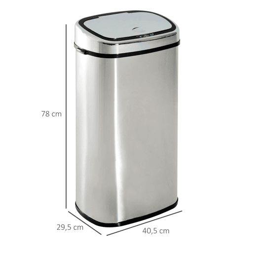 HOMCOM Balde de Lixo Inteligente de Aço Inoxidável 68L com Sensor Infravermelho de Abertura Automática e Contato Manual para Cozinha Dormitório Casa de banho 40,5x29,578cm Prata