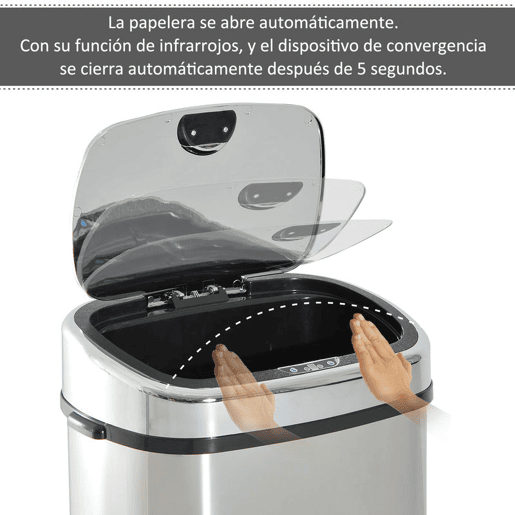 HOMCOM Balde de Lixo Inteligente de Aço Inoxidável 68L com Sensor Infravermelho de Abertura Automática e Contato Manual para Cozinha Dormitório Casa de banho 40,5x29,578cm Prata