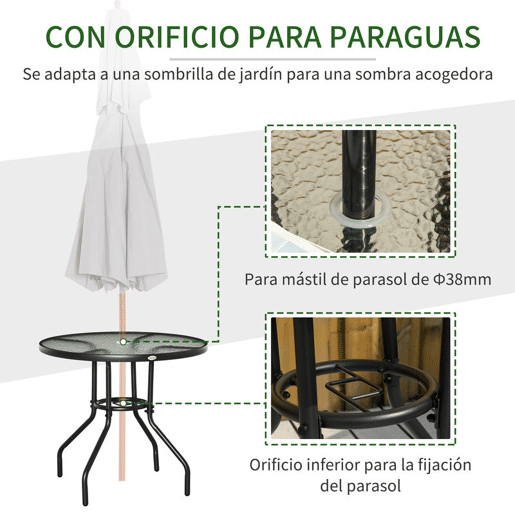 Outsunny Mesa de Jardim Redonda Mesa de Exterior Ø80x72 cm com Orifício para Chapéu de Sol e Tampo de Vidro Temperado para Pátio Terraço Preto