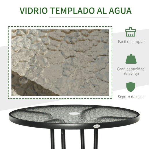 Outsunny Mesa de Jardim Redonda Mesa de Exterior Ø80x72 cm com Orifício para Chapéu de Sol e Tampo de Vidro Temperado para Pátio Terraço Preto