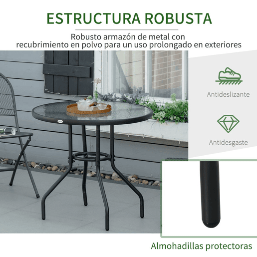 Outsunny Mesa de Jardim Redonda Mesa de Exterior Ø80x72 cm com Orifício para Chapéu de Sol e Tampo de Vidro Temperado para Pátio Terraço Preto