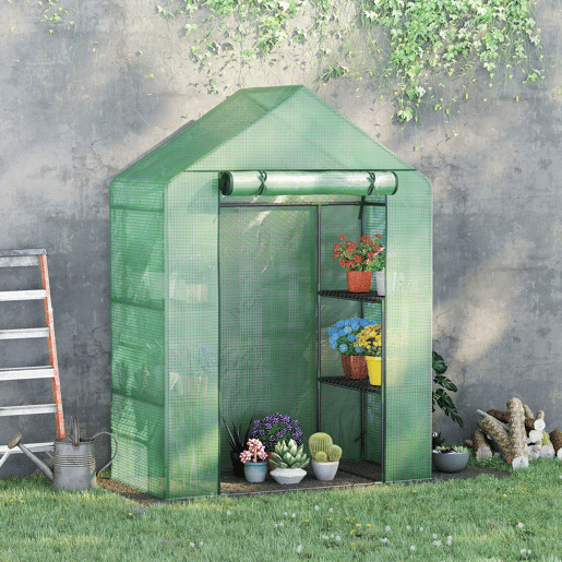 Outsunny Estufa de Jardim 140x70x190cm Estufa com 4 Prateleiras Porta Enrolável Cobertura de PE 140gm² e Estrutura de Aço para Cultivos de Plantas Flores Verde