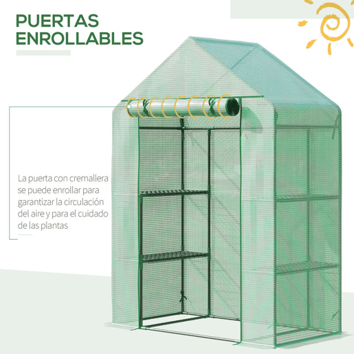 Outsunny Estufa de Jardim 140x70x190cm Estufa com 4 Prateleiras Porta Enrolável Cobertura de PE 140gm² e Estrutura de Aço para Cultivos de Plantas Flores Verde