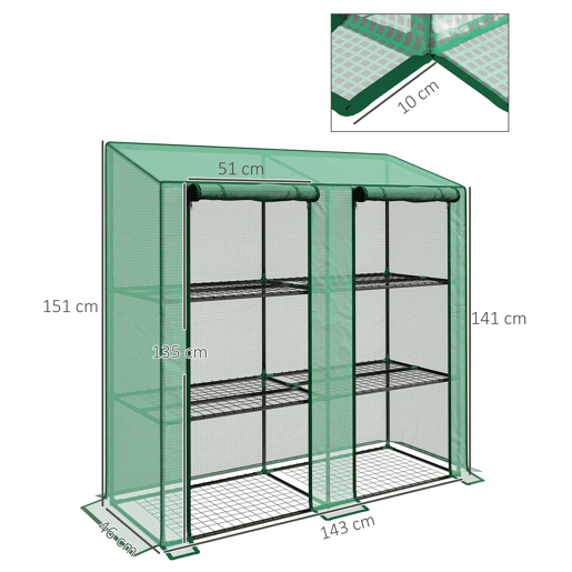 Outsunny Estufa de Jardim de 3 Níveis Estufa de Terraço com Prateleiras Teto Inclinado e 2 Portas com Fecho de Correr para Cultivo de Plantas em Pátio 143x46x141151 cm Verde