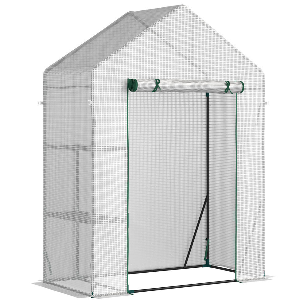 Outsunny invernadero de exterior invernadero pequeño con 2 estantes puerta enrollable con cremallera marco de acero y cubierta de pe 140g/㎡ para cultivos plantas flores 143x73x195 cm blanco