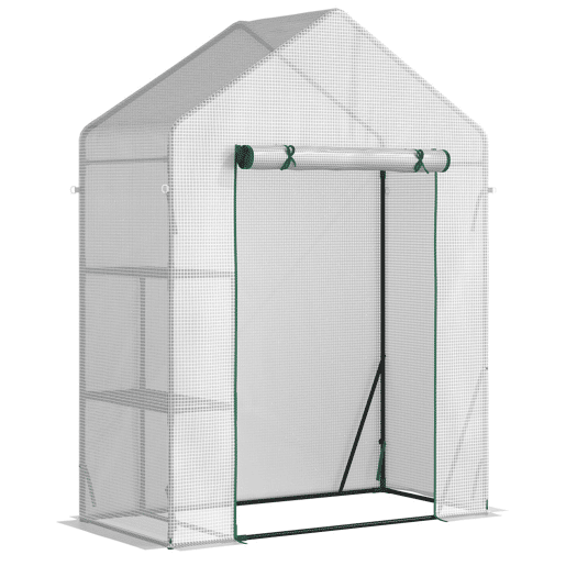 Outsunny Estufa de Jardim 143x73x195cm Estufa de Aço com 2 Prateleiras e Porta Enrolável para Cultivos de Plantas Vasos de Flores Pátio Exterior Branco