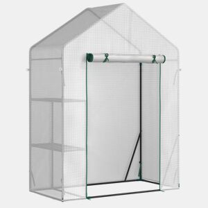 Outsunny Estufa de Jardim 143x73x195cm Estufa de Aço com 2 Prateleiras e Porta Enrolável para Cultivos de Plantas Vasos de Flores Pátio Exterior Branco
