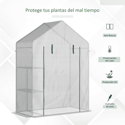 Outsunny Estufa de Jardim 143x73x195cm Estufa de Aço com 2 Prateleiras e Porta Enrolável para Cultivos de Plantas Vasos de Flores Pátio Exterior Branco