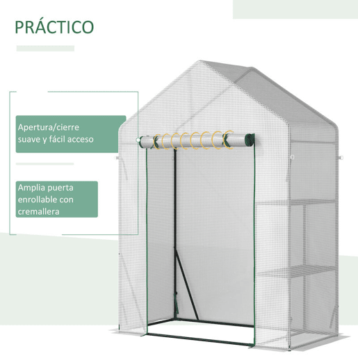 Outsunny Estufa de Jardim 143x73x195cm Estufa de Aço com 2 Prateleiras e Porta Enrolável para Cultivos de Plantas Vasos de Flores Pátio Exterior Branco