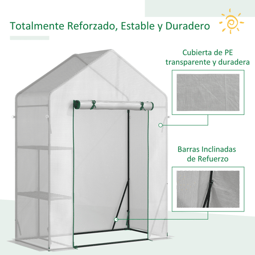 Outsunny Estufa de Jardim 143x73x195cm Estufa de Aço com 2 Prateleiras e Porta Enrolável para Cultivos de Plantas Vasos de Flores Pátio Exterior Branco