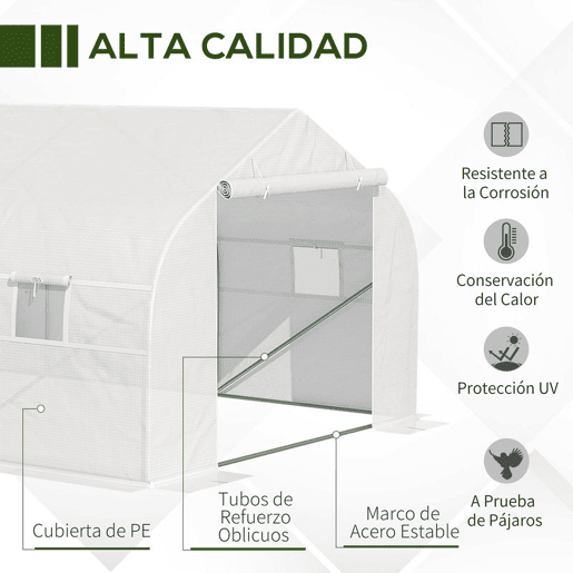 Outsunny Estufa Tipo Túnel de Jardim 600x300x200cm para Cultivo de Plantas Verduras com 8 Janelas e Porta Enroláveis com Zíper Aço Branco