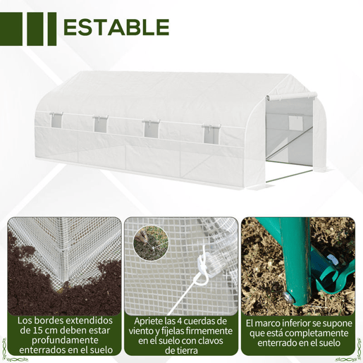 Outsunny Estufa Tipo Túnel de Jardim 600x300x200cm para Cultivo de Plantas Verduras com 8 Janelas e Porta Enroláveis com Zíper Aço Branco