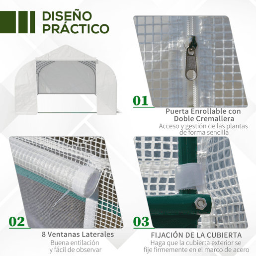 Outsunny Estufa Tipo Túnel de Jardim 600x300x200cm para Cultivo de Plantas Verduras com 8 Janelas e Porta Enroláveis com Zíper Aço Branco