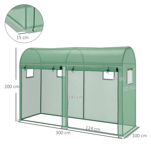 Outsunny Estufa Jardim Tipo Túnel com 4 janelas e 2 portas para Plantas de PE de aço 300x100x200 cm Verde
