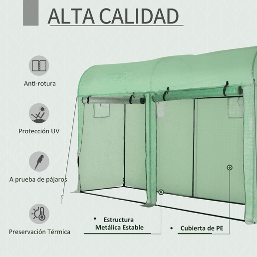 Outsunny Estufa Jardim Tipo Túnel com 4 janelas e 2 portas para Plantas de PE de aço 300x100x200 cm Verde